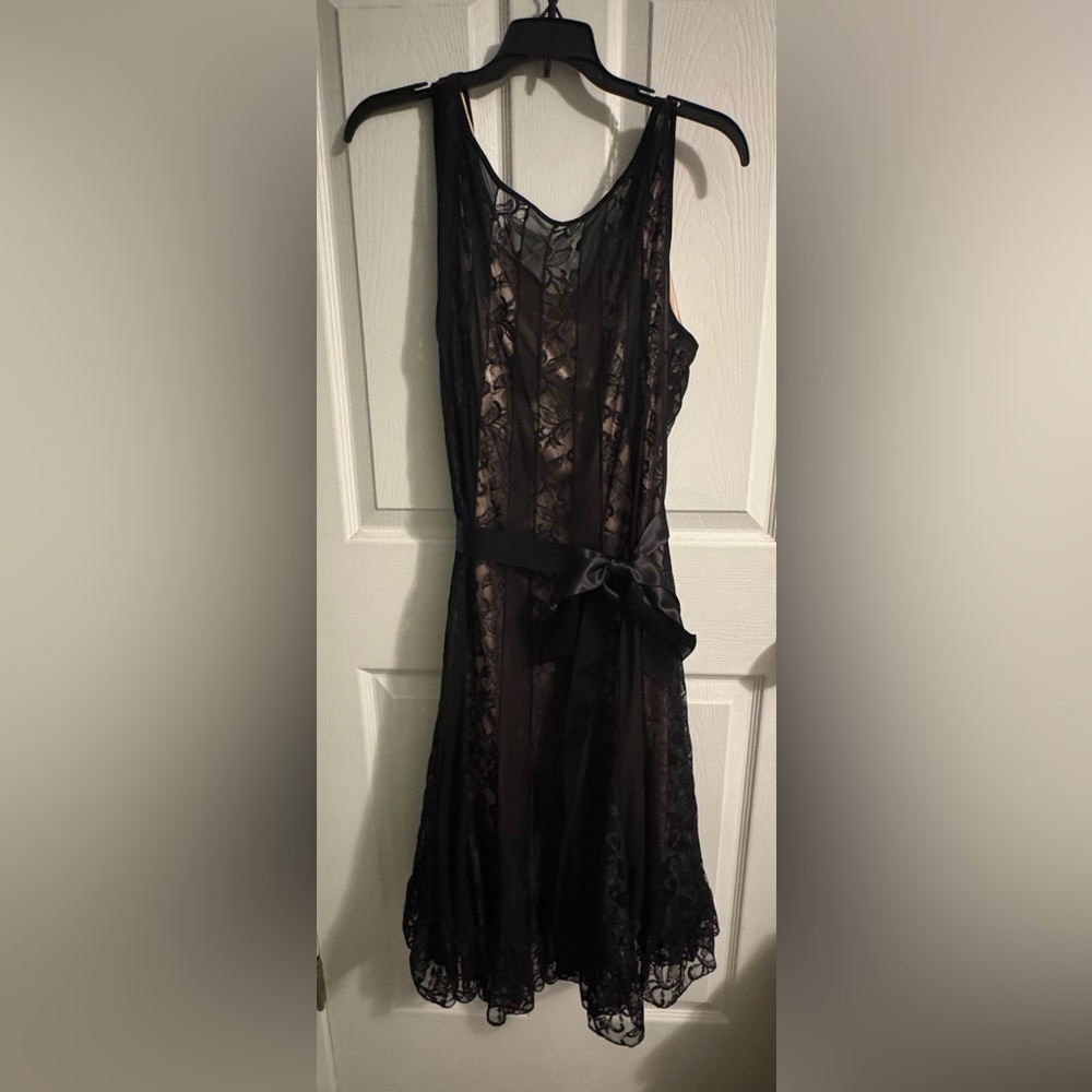 Teri Jon | Black lace with tan slip midi dress size  14